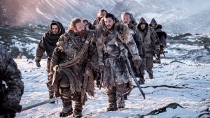 Jon Snow et ses hommes de l'autre côté du Mur, sous la neige